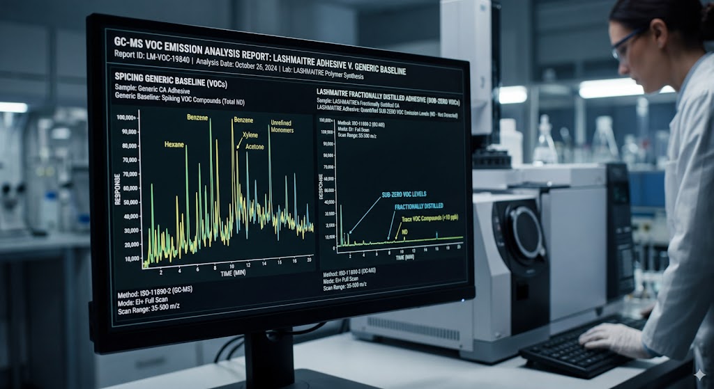 A highly technical, cinematic shot of a gas chromatography-mass spectrometry (GC-MS) readout screen inside a sterile polymer synthesis laboratory, quantifying the sub-zero VOC emission levels of LASHMAITRE's fractionally distilled adhesive against a spiking generic baseline.
