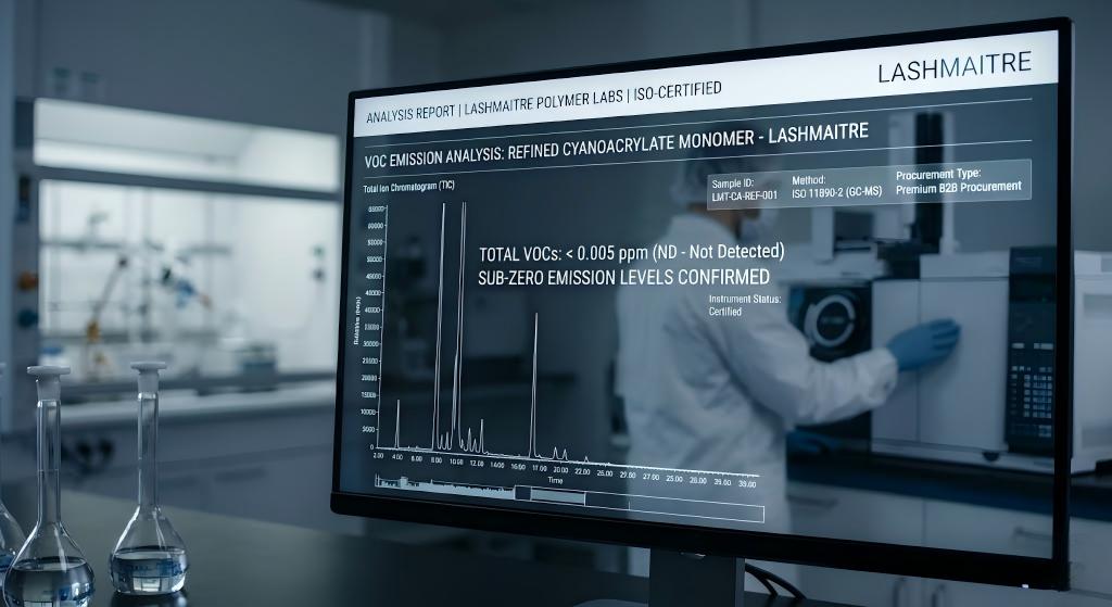 A gas chromatography-mass spectrometry (GC-MS) readout screen inside an ISO-certified polymer synthesis laboratory, quantifying the sub-zero VOC emission levels of a highly refined cyanoacrylate monomer designed for premium B2B procurement.