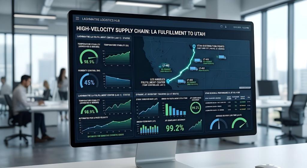Logistics dashboard interface highlighting dynamic JIT inventory tracking from a temperature-controlled Los Angeles fulfillment center to Utah