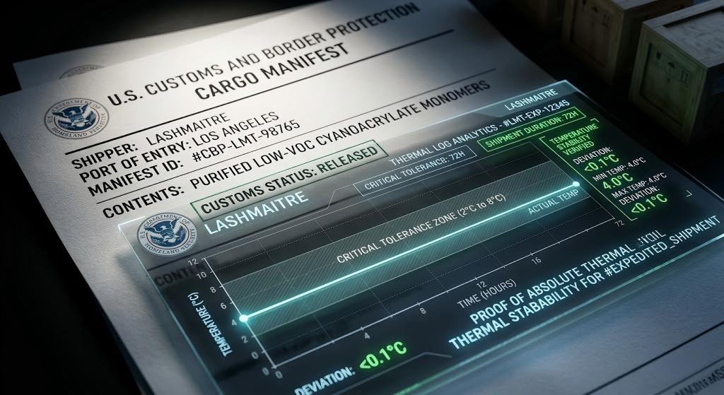 A dramatic, high-contrast macro shot of an official US Customs and Border Protection (CBP) clearance manifest overlaid with a digital thermal datalogger graph, proving the absolute temperature stability of a LASHMAITRE expedited shipment.