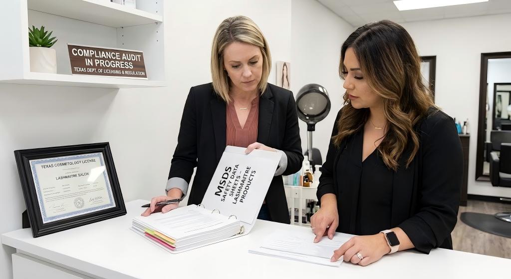 Two professional women in a brightly lit salon standing at a white reception counter during a state board compliance audit. One woman is holding open a large white binder prominently labeled 'MSDS SAFETY DATA SHEETS - LASHMAITRE PRODUCTS'. They are closely reviewing the technical documents together. Next to them on the counter is a framed 'TEXAS COSMETOLOGY LICENSE'. In the background, a sign on a shelf reads 'COMPLIANCE AUDIT IN PROGRESS - TEXAS DEPT. OF LICENSING & REGULATION'.