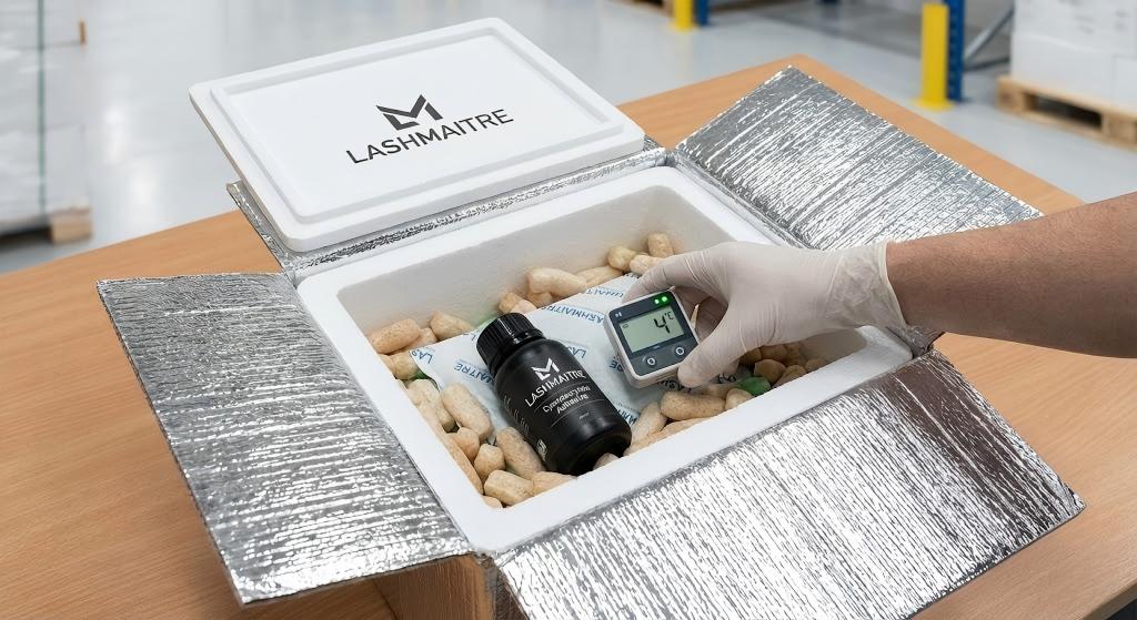 Thermal insulated shipping box with datalogger protecting cyanoacrylate from freezing for eyelash extensions mankato