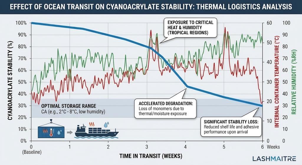 A thermal logistics line graph by LASHMAITRE showing the temperature fluctuations during ocean transit. The X-axis represents 'Transit Time (Weeks)' and the Y-axis represents 'Container Internal Temperature'. A red line fluctuates wildly between 5°C and 60°C, showing extreme heat spikes. A secondary 'Cyanoacrylate Stability' line shows a sharp decline as temperatures rise, leading to premature polymerization and loss of adhesive integrity. Callouts identify the 'Degradation Zone' where high heat destroys the chemical bond efficiency.