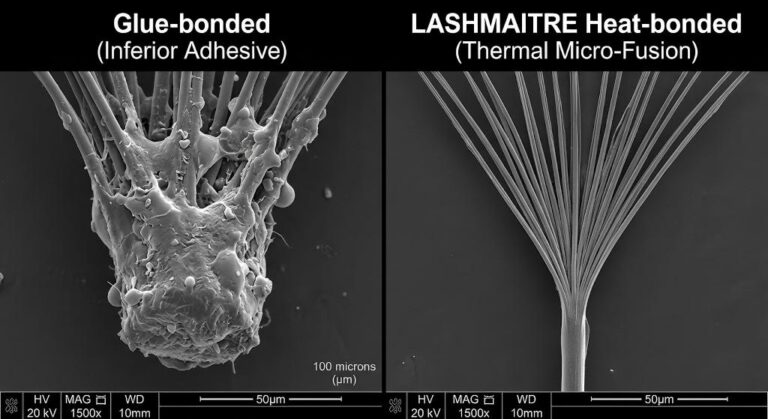 Microscopic comparison of thermal micro fusion versus cyanoacrylate bonded bases in a pre fanned eyelash extension