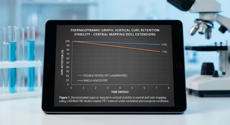 A thermodynamic graph displayed on a tablet screen in a laboratory setting. The graph compares the vertical curl retention stability of LASHMAITRE double-heated PBT against standard single-heated PBT. The x-axis is weeks and the y-axis is curl retention percentage, demonstrating the superior long-term performance (92%) of double-heated PBT for the central mapping of doll eyelashes extensions.