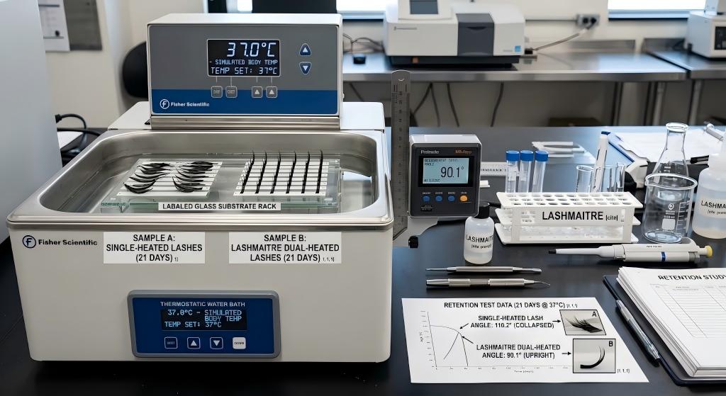 Thermodynamic stability testing of double heated PBT fibers used for monolid eyelash extensions, comparing LASHMAITRE dual-heated lashes against single-heated lashes after 21 days at 37°C.