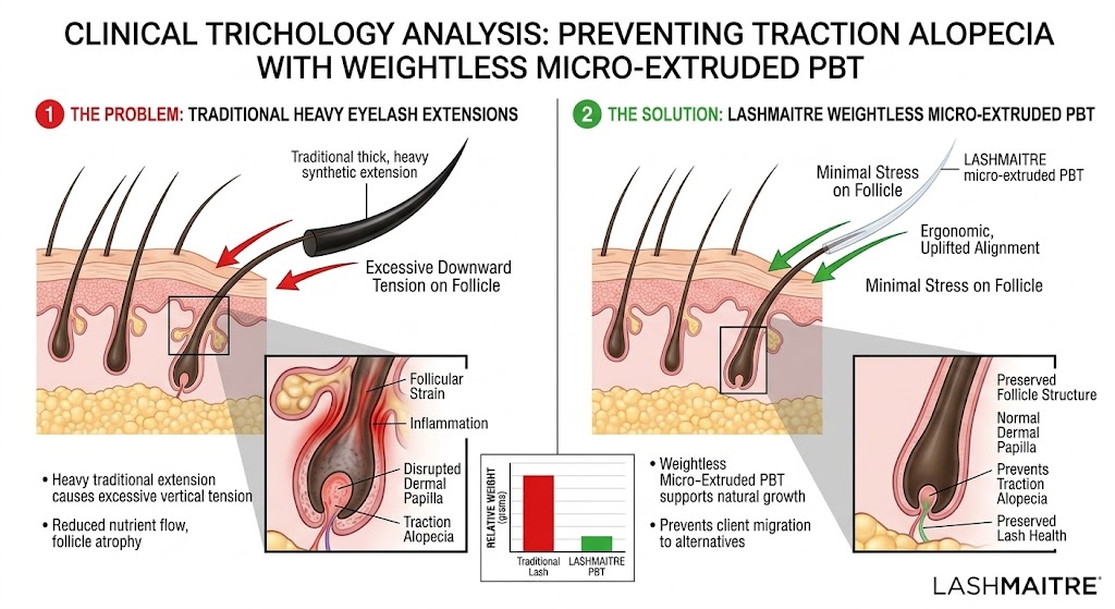 A clinical trichology diagram comparing traditional heavy eyelash extensions with LASHMAITRE weightless micro-extruded PBT. It shows how heavy lashes cause follicular strain and traction alopecia, while LASHMAITRE PBT preserves the dermal papilla and natural lash health.alternatives to eyelash extensions