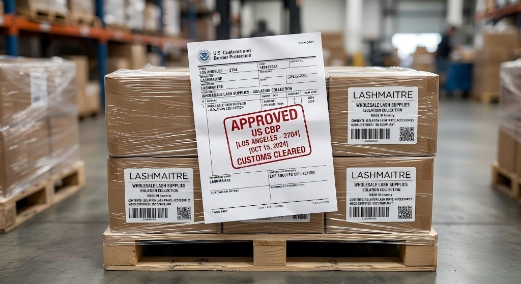 A hyper-detailed macro photograph of an official US Customs and Border Protection (CBP) clearance document, stamped "APPROVED," resting atop a pristine pallet of MSDS-certified LASHMAITRE isolation supplies, demonstrating flawless cross-border B2B compliance.