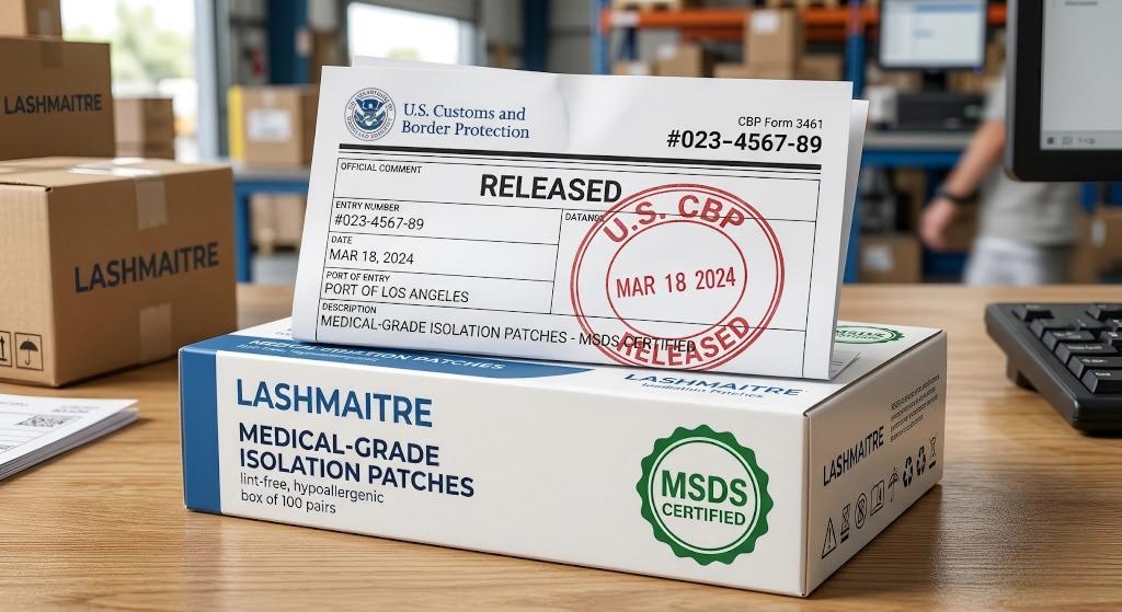 A hyper-detailed macro photograph of an official US Customs and Border Protection (CBP) clearance document, stamped "RELEASED," resting atop a pristine box of MSDS-certified LASHMAITRE isolation patches, demonstrating flawless cross-border compliance.under eye patches for eyelash extensions
