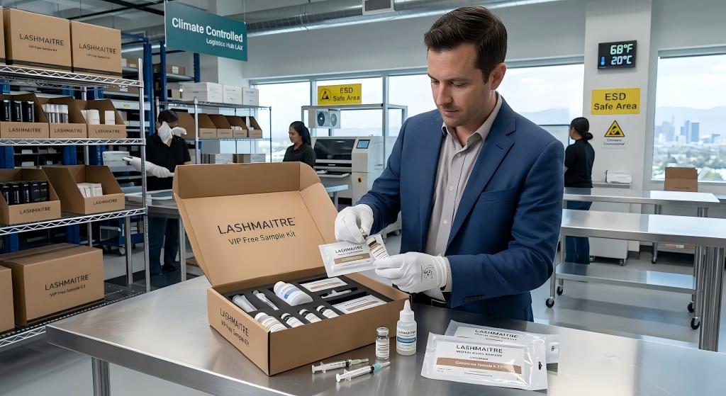 A regional procurement director wearing white anti-static inspection gloves, meticulously unboxing a LASHMAITRE VIP Free Sample Kit filled with customized medical-grade adhesives upon arrival at a climate-controlled Los Angeles fulfillment center.