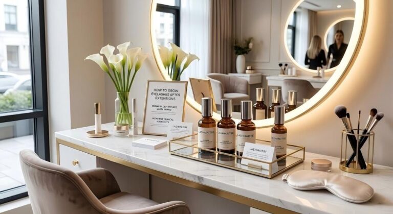 A luxurious marble and gold-accented VIP salon workstation by LASHMAITRE. In the foreground, a curated display features premium amber glass eyelash growth serum bottles with elegant labels, alongside information cards. The prominent gold-framed card displays English text: 'HOW TO GROW EYELASHES AFTER EXTENSIONS', 'PREMIUM OEM PRIVATE LABEL BRAND', and a functional phrase, 'MONETIZE CLINICAL AUTHORITY' (implied as a business benefit). Fresh white calla lilies and gold tools surround the serums. The background shows a modern VIP studio and a reflective consultation in a large round mirror, creating an elite, professional post-care consultation environment.