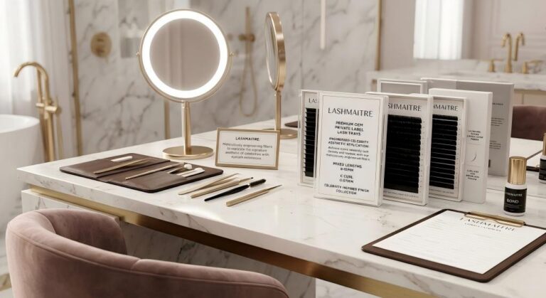 A luxury VIP salon workstation in a high-end salon with marble and gold accents, featuring multiple premium OEM private label lash trays with 'LASHMAITRE' branding (no pictograms, just elegant sans-serif text). The lash trays are custom-packaged and explicitly labeled as 'PREMIUM OEM PRIVATE LABEL LASH TRAYS: Meticulously engineering fibers to replicate the signature aesthetic of celebrities with eyelash extensions.' A ring light mirror, high-end professional tools, a consultation form, and a plush velvet chair are also displayed.