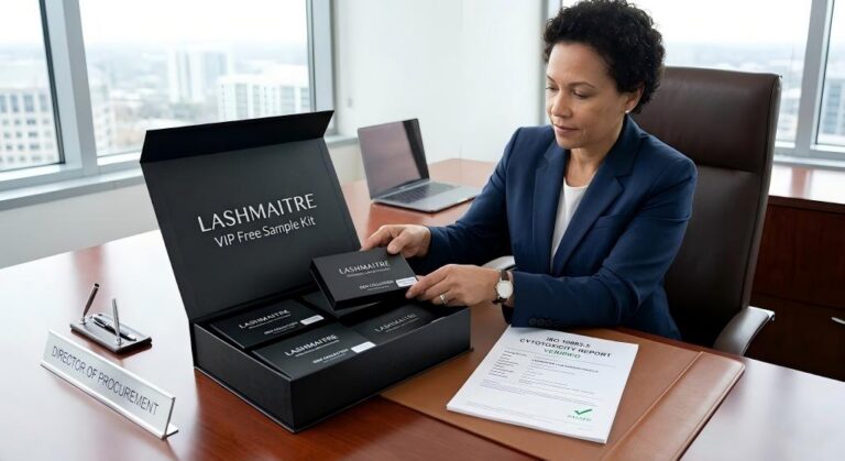 A procurement director unboxing a LASHMAITRE VIP Free Sample Kit on a mahogany executive desk, revealing custom wholesale lash boxes featuring minimalist OEM branding alongside a verified ISO 10993-5 cytotoxicity report.