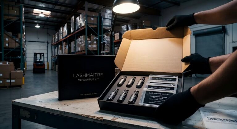 A stark, cinematic close-up of a LASHMAITRE VIP Free Sample Kit being opened inside an expansive Los Angeles fulfillment center, revealing pristine, low-VOC cyanoacrylate adhesives and double-heated volume trays ready for international dispatch.