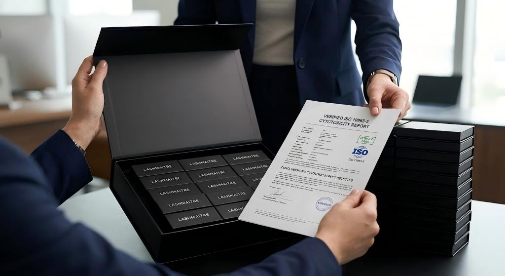 A macro-focus shot of a procurement director unboxing a LASHMAITRE VIP Free Sample Kit containing custom, matte-black OEM wholesale lash boxes perfectly stacked beside a verified ISO 10993-5 cytotoxicity report.