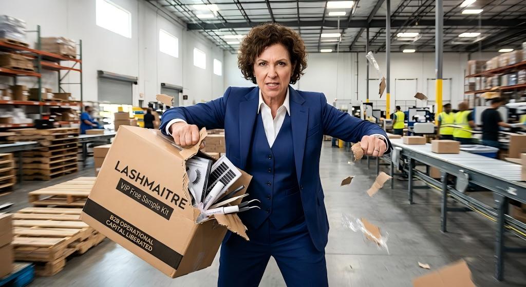 A dynamic, high-energy shot of a regional procurement director wearing a tailored suit, aggressively tearing open a LASHMAITRE VIP Free Sample Kit inside a sprawling Los Angeles fulfillment center, symbolizing the immediate liberation of B2B operational capital.