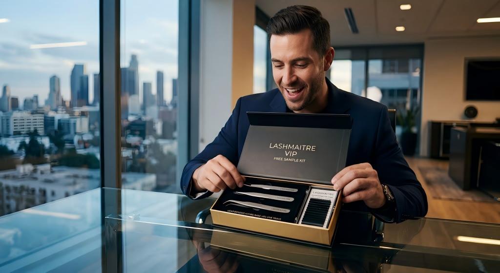 A male procurement director unboxes the LASHMAITRE VIP Free Sample Kit at a modern desk, revealing customized OEM tools and heat-bonded micro-base volume lash trays, with the Los Angeles skyline in the background.