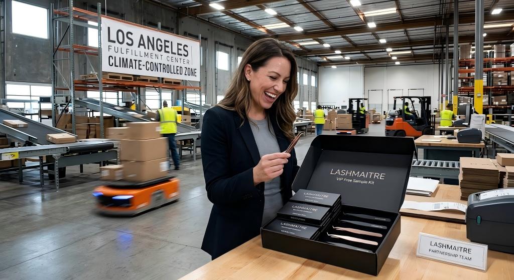 A highly dynamic logistics shot inside a climate-controlled Los Angeles fulfillment center: A regional procurement director excitedly unboxing a LASHMAITRE VIP Free Sample Kit containing custom-branded OEM volume tweezers for eyelash extensions and custom wholesale lash boxes.