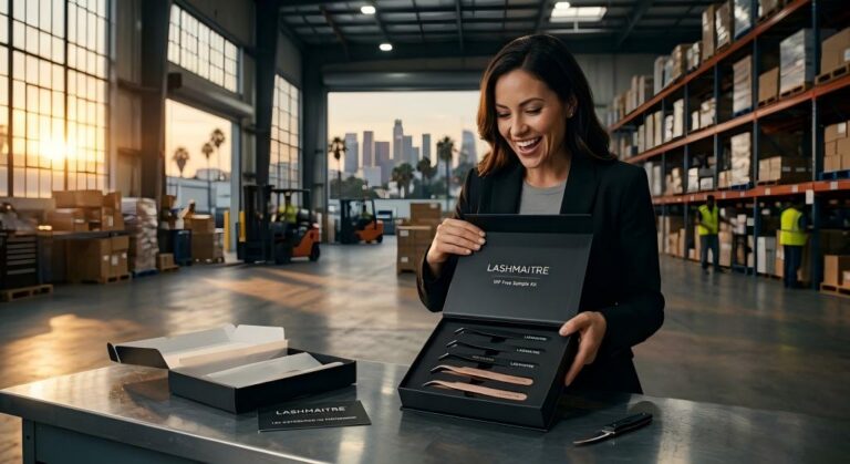 A highly styled, cinematic shot of a regional procurement director standing inside a massive Los Angeles distribution center, excitedly unboxing a LASHMAITRE VIP Free Sample Kit revealing meticulously branded OEM isolation tools.