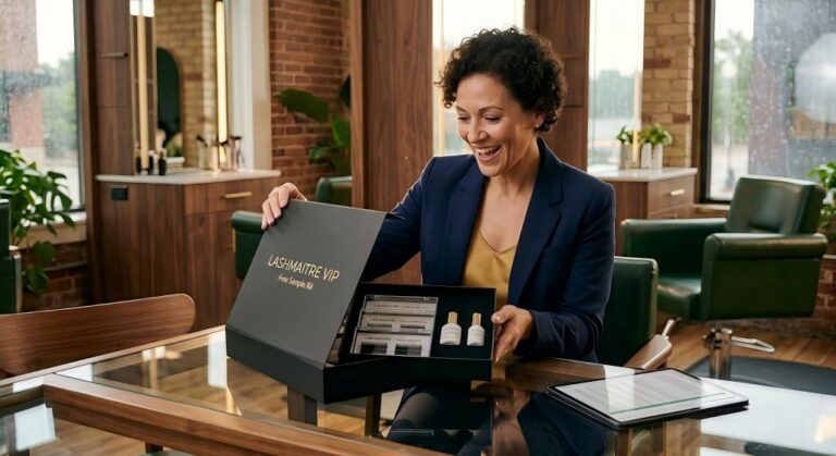A highly styled, cinematic shot of a regional procurement director sitting inside a high-end Midwest salon, excitedly unboxing a LASHMAITRE VIP Free Sample Kit revealing meticulously branded OEM trays and medical-grade adhesives.