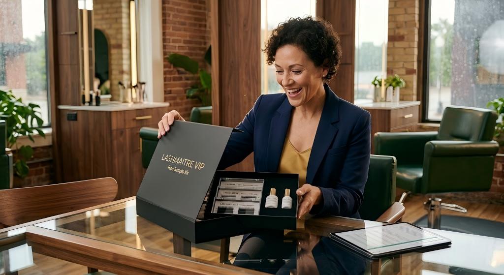 A highly styled, cinematic shot of a regional procurement director sitting inside a high-end Midwest salon, excitedly unboxing a LASHMAITRE VIP Free Sample Kit revealing meticulously branded OEM trays and medical-grade adhesives.