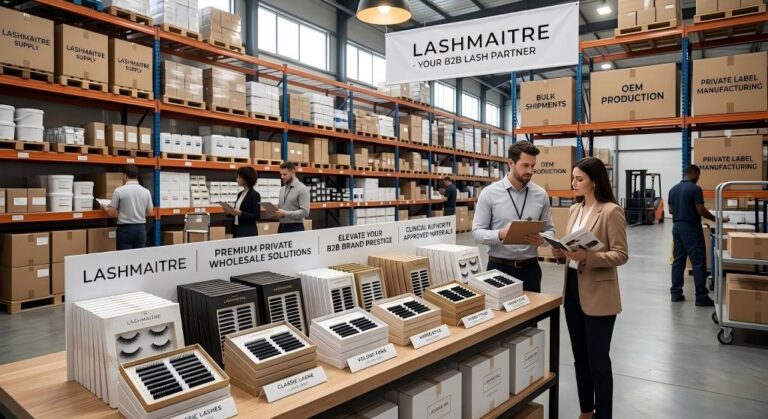 A wide, sunlit view of the LASHMAITRE B2B wholesale warehouse. In the foreground, an attractive display counter features organized stacks of premium OEM private label lash trays and retail packaging.