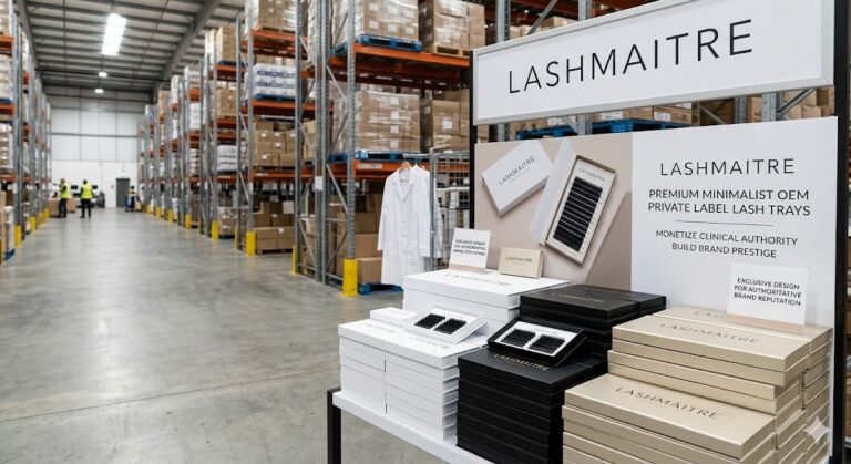 A high-resolution photograph taken inside a large, professional wholesale warehouse for lash supplies. In the foreground, a prominent product display feature organizes multiple neat stacks of 'LASHMAITRE' branded premium minimalist OEM private label lash trays. The trays, in matte black, white, and subtle champagne gold packaging, sit under a large, clean white LASHMAITRE display banner. An adjacent information card features explicit English text: 'PREMIUM MINIMALIST OEM PRIVATE LABEL LASH TRAYS', 'MONETIZE CLINICAL AUTHORITY | BUILD BRAND PRESTIGE', 'EXCLUSIVE DESIGN FOR AUTHORITATIVE BRAND REPUTATION'. A small, professional placard reinforcing the core message is nearby. In the background, tall metal warehouse shelving extends, loaded with bulk storage boxes, demonstrating a high-volume global fulfillment hub. The overall presentation is professional and authoritative.