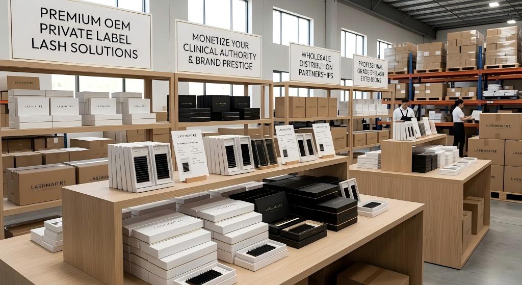 A wide photograph inside a large, sunlit wholesale warehouse. In the foreground, modern light wood display shelves are meticulously organized with LASHMAITRE brand minimalist black and gold private label lash extension trays. Large professional signs hang above the display, clearly reading: 'PREMIUM OEM PRIVATE LABEL LASH SOLUTIONS', 'MONETIZE YOUR CLINICAL AUTHORITY & BRAND PRESTIGE', 'WHOLESALE DISTRIBUTION PARTNERSHIPS', and 'PROFESSIONAL GRADE EYELASH EXTENSIONS'. Staff manage inventory on taller industrial shelves loaded with bulk cardboard boxes in the background.
