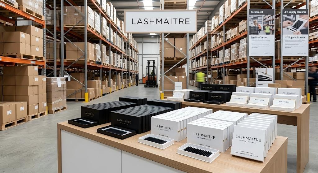A high-resolution photograph taken inside a large, brightly lit professional wholesale warehouse for lash supplies. In the foreground, a prominent product display feature organizes multiple neat stacks of 'LASHMAITRE' branded premium minimalist OEM private label lash trays. The trays, in matte black, white, and subtle gold packaging, sit under a large, clean white LASHMAITRE display banner. An adjacent information card features explicit English text: 'PREMIUM MINIMALIST OEM PRIVATE LABEL LASH TRAYS', 'MONETIZE CLINICAL AUTHORITY | BUILD BRAND PRESTIGE', 'EXCLUSIVE DESIGN FOR AUTHORITATIVE BRAND REPUTATION'. A small, professional placard reinforcing the core message is nearby. In the background, tall metal warehouse shelving extends, loaded with bulk storage boxes, demonstrating a high-volume global fulfillment hub. The overall presentation is professional and authoritative.