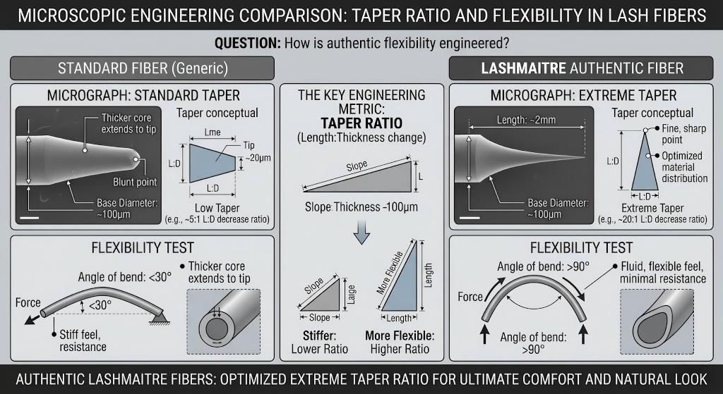 Microscopic engineering comparison demonstrating the extreme taper ratio required to manufacture authentic, flexible lash fibers