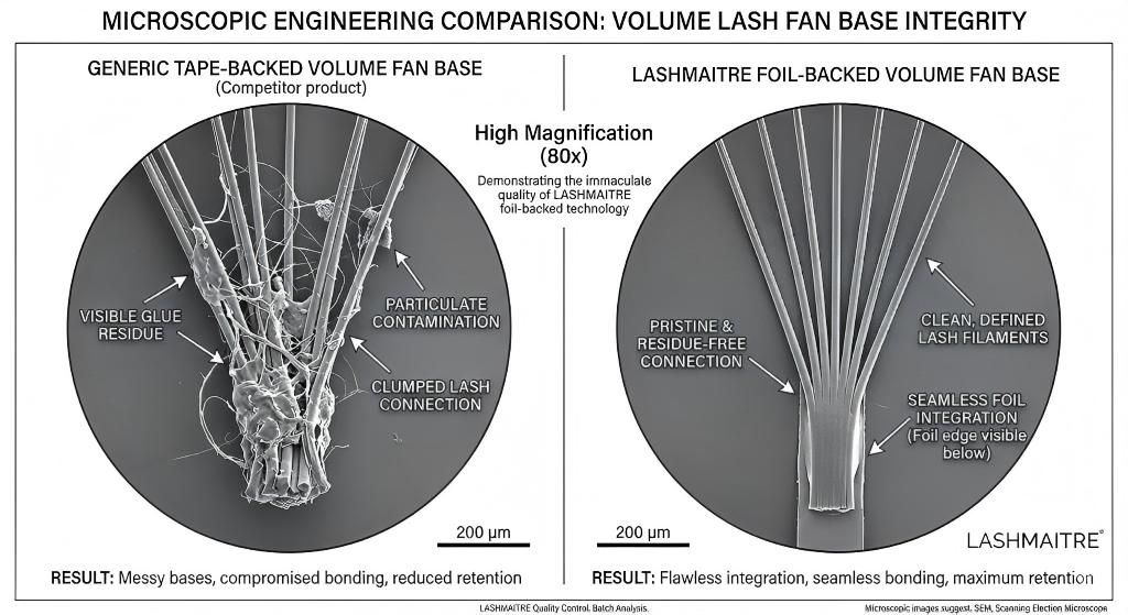 "A microscopic engineering comparison image, provided by LASHMAITRE, showing two volume lash fan bases under extreme magnification. On the left, a competitor's messy base is clumped and covered in adhesive residue. On the right, LASHMAITRE's pristine, residue-free, and defined base is seamlessly formed. The comparison highlights superior bonding potential and lash health with LASHMAITRE engineering."