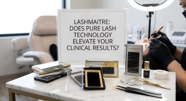 A photograph capturing a sophisticated eyelash extension studio setting on a white marble surface. In the center, a large framed sign prominently features the text: 'LASHMAITRE: DOES PURE LASH TECHNOLOGY ELEVATE YOUR CLINICAL RESULTS?'. Multiple gold and black Lashmaitre private-label lash extension trays, gold and black precision tweezers, glass palettes, adhesive bottles, and medical tape are meticulously arranged around the sign. In the background, under the focused illumination of a ring light, a technician with a face mask is seen actively applying lashes to a client, reinforcing the professional application of the products."