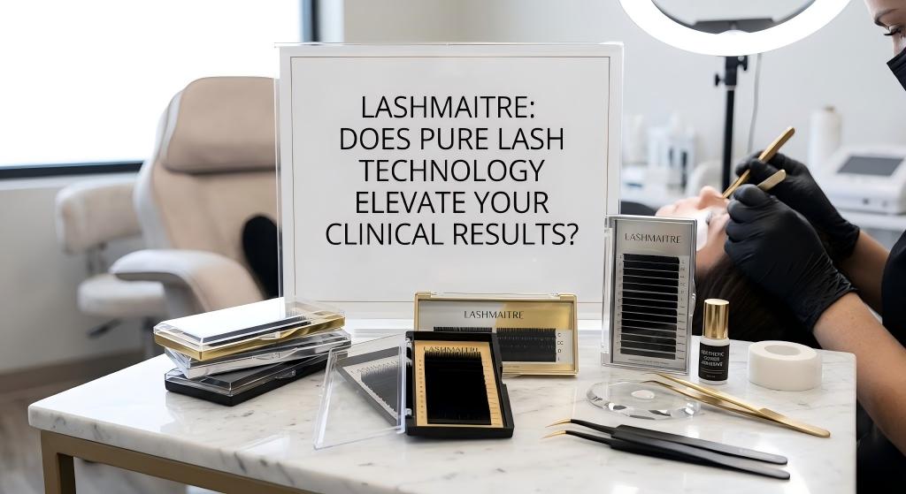 A photograph capturing a sophisticated eyelash extension studio setting on a white marble surface. In the center, a large framed sign prominently features the text: 'LASHMAITRE: DOES PURE LASH TECHNOLOGY ELEVATE YOUR CLINICAL RESULTS?'. Multiple gold and black Lashmaitre private-label lash extension trays, gold and black precision tweezers, glass palettes, adhesive bottles, and medical tape are meticulously arranged around the sign. In the background, under the focused illumination of a ring light, a technician with a face mask is seen actively applying lashes to a client, reinforcing the professional application of the products."