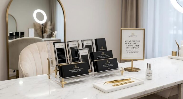 "A luxurious VIP salon workstation with a marble surface, gold-trimmed mirror, and ring light. A multi-tiered acrylic stand holds several Lashmaitre-branded private-label OEM lash trays, labeled with questions like 'ARE THESE EXTENSIONS CERTIFIED PURE?' and 'DISCOVER OUR CLINICAL GRADE COMPOSITION?' A framed sign in gold questions the standard of purity and safety. Golden tweezers are on a small tray next to a bottle of adhesive."