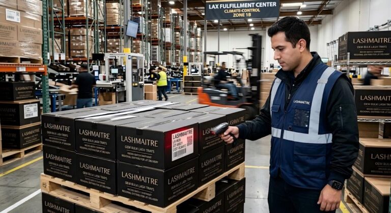A highly dynamic logistics shot inside a climate-controlled Los Angeles fulfillment center: A warehouse logistics manager utilizing a smart barcode scanner to verify a micro-batch pallet of custom-branded OEM bulk lash trays, guaranteeing rapid JIT delivery for a premium regional distributor.