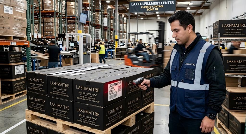 A highly dynamic logistics shot inside a climate-controlled Los Angeles fulfillment center: A warehouse logistics manager utilizing a smart barcode scanner to verify a micro-batch pallet of custom-branded OEM bulk lash trays, guaranteeing rapid JIT delivery for a premium regional distributor.