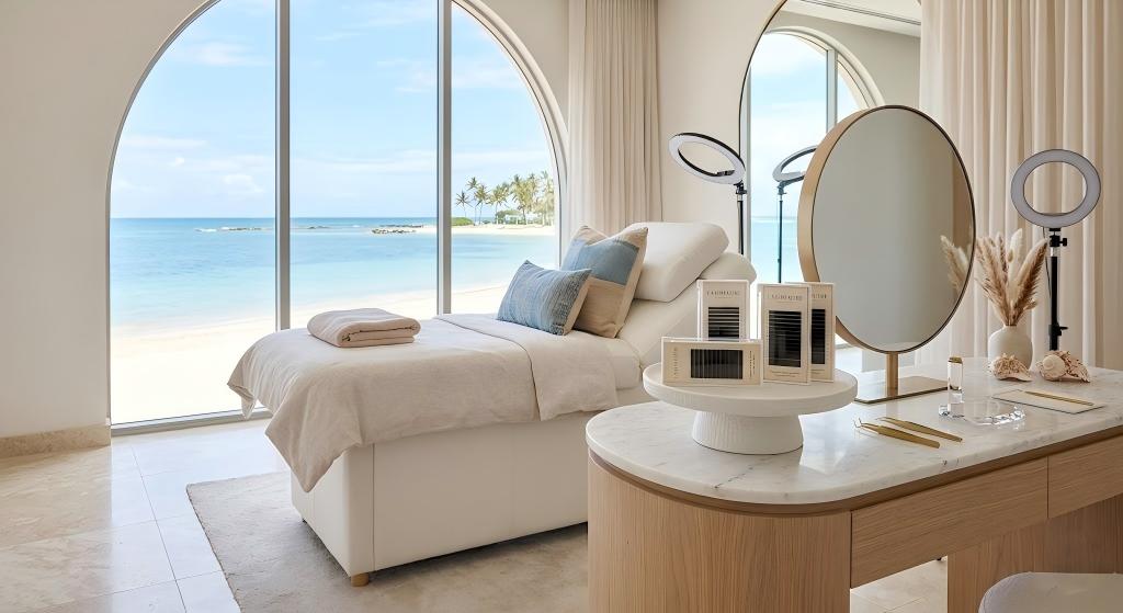 A detailed view of a luxury VIP salon workstation with a direct view of a tropical beach and ocean, featuring ergonomic white treatment bed, professional LED ring lights, and a curated display of premium LASHMAITRE OEM private label lash trays and gold tools on a marble counter.