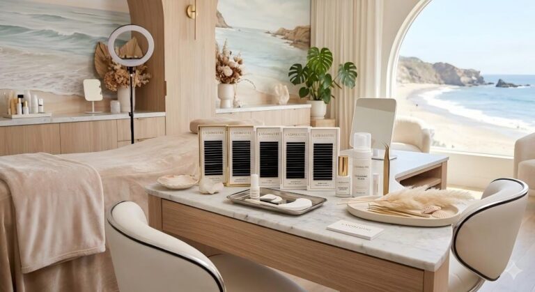 A luxury VIP lash salon workstation overlooking a beach, featuring private label LASHMAITRE eyelash extension trays, foam cleanser, gold tweezers, and aesthetic coastal decor like dried pampas grass and seashells on a marble desk.