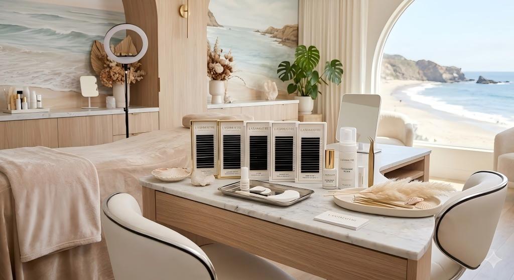 A luxury VIP lash salon workstation overlooking a beach, featuring private label LASHMAITRE eyelash extension trays, foam cleanser, gold tweezers, and aesthetic coastal decor like dried pampas grass and seashells on a marble desk.