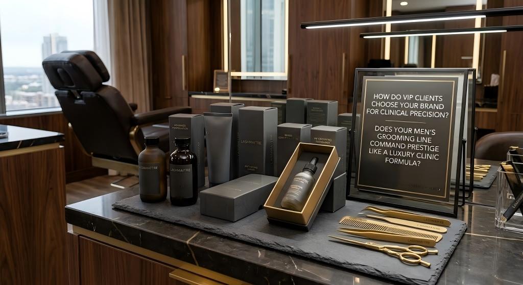 A sophisticated display of premium OEM private label packaging for a men’s skincare line. It features matte black bottles and heavy-weight charcoal boxes embossed with subtle gold foil logos and minimalist typography, conveying a sense of clinical effectiveness and high-end luxury for the male demographic.
