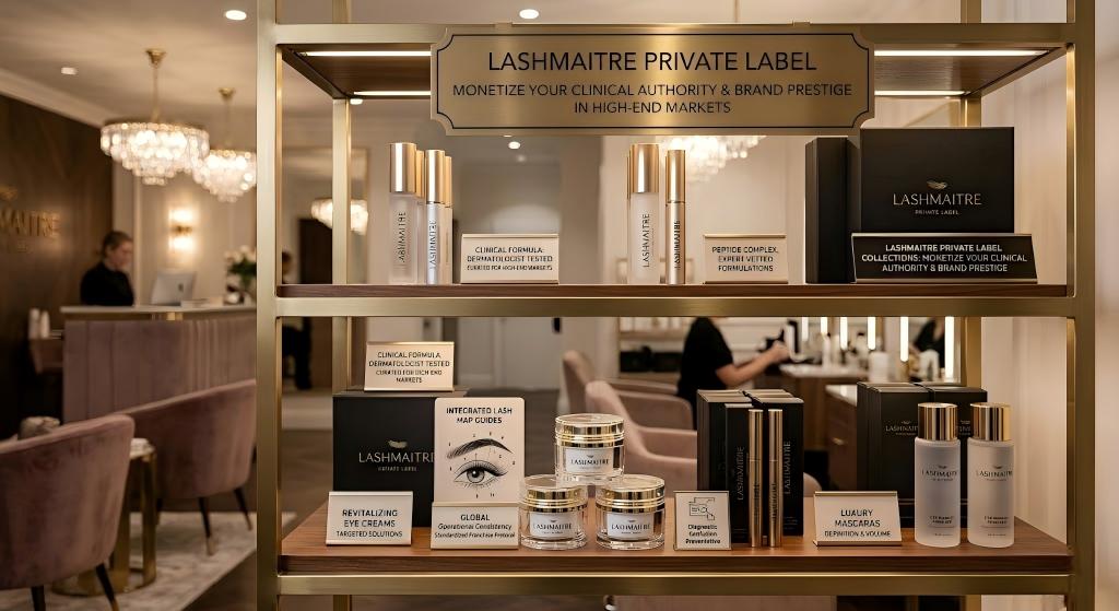 A well-lit luxury salon retail display shelf stocked with LASHMAITRE premium OEM private label products, curated specifically for high-end markets.