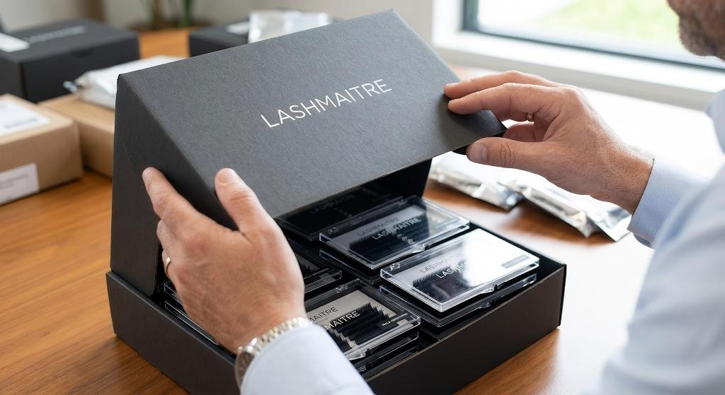 A regional procurement director's hands carefully unboxing a premium, custom-branded wholesale shipping box, revealing mathematically perfect foil-backed bulk lash trays featuring stark, minimalist, matte-black clinical branding tailored specifically for male aesthetic grooming services.