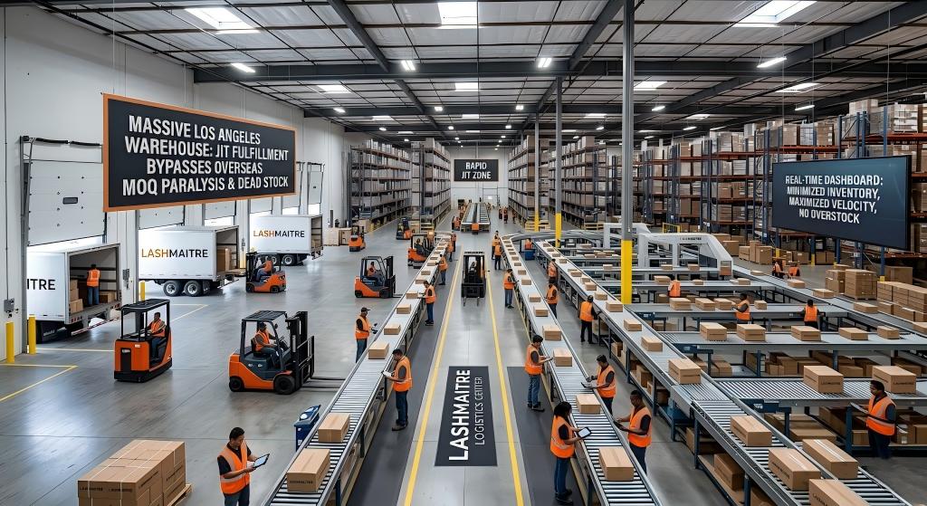 Massive Los Angeles logistics warehouse demonstrating rapid JIT fulfillment capabilities to bypass overseas MOQ paralysis and dead stock accumulation, utilizing advanced automation and a specialized 'Rapid JIT Zone'.
