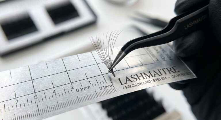 A dynamic macro shot of matte-black volume tweezers for eyelash extensions interacting perfectly with LASHMAITRE's calibrated foil-backed tape, extracting a pristine 10D fan without generating any sticky residue or mechanical friction.