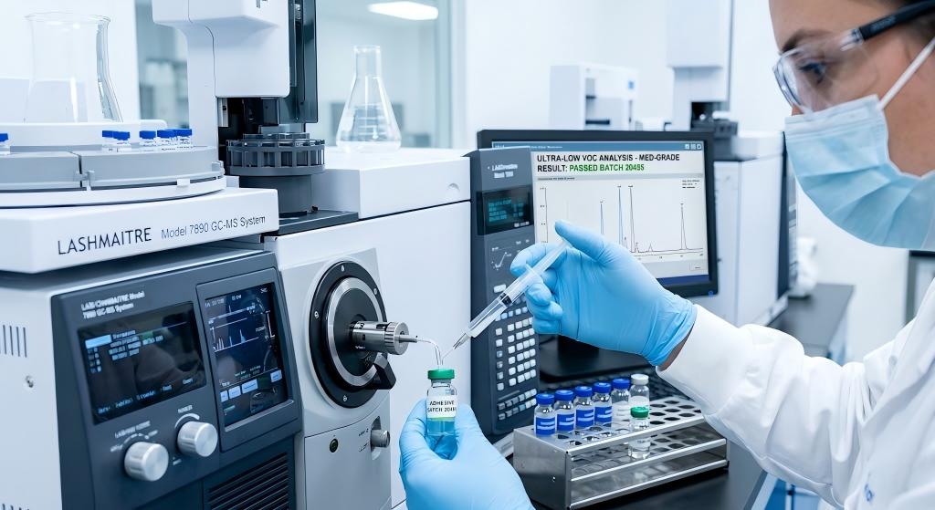 Close-up macro photography inside a QC laboratory: A gloved technician utilizing a gas chromatograph mass spectrometer to verify ultra-low VOC emission levels in medical-grade adhesives, ensuring absolute safety and the prevention of allergic reactions for B2B salon clients.