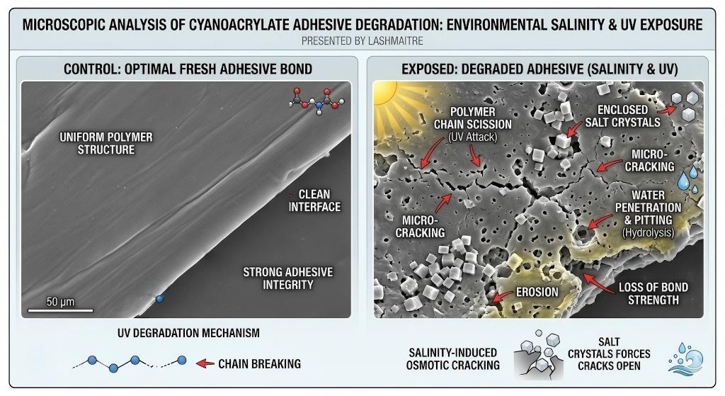 A scientific comparative microscope view presented by LASHMAITRE, showing two panels: "CONTROL: OPTIMAL FRESH ADHESIVE BOND" which is smooth, and "EXPOSED: DEGRADED ADHESIVE (SALINITY & UV)" which is heavily damaged with embedded salt crystals, erosion pits, and cracks. Lower diagrams explain the chemical mechanisms of "UV Degradation" causing chain breaking and "Salinity-Induced Osmotic Cracking."
