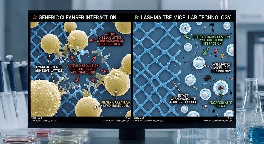 A highly technical, dual-pane microscopic comparison in an R&D lab: Panel A shows a generic cleanser's lipid molecules actively dissolving a cyanoacrylate bond; Panel B demonstrates LASHMAITRE's micellar technology encapsulating debris without interacting with the adhesive lattice