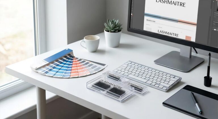 Graphic designer minimalist desk featuring Pantone color swatches and sleek OEM private label lash tray mockups to elevate B2B clinical branding.