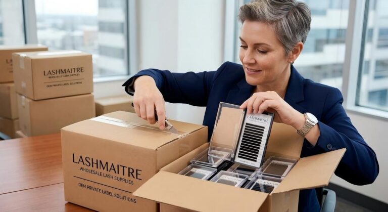 Procurement director unboxing premium OEM custom-branded wholesale shipping box revealing mathematically perfect foil-backed lash trays.