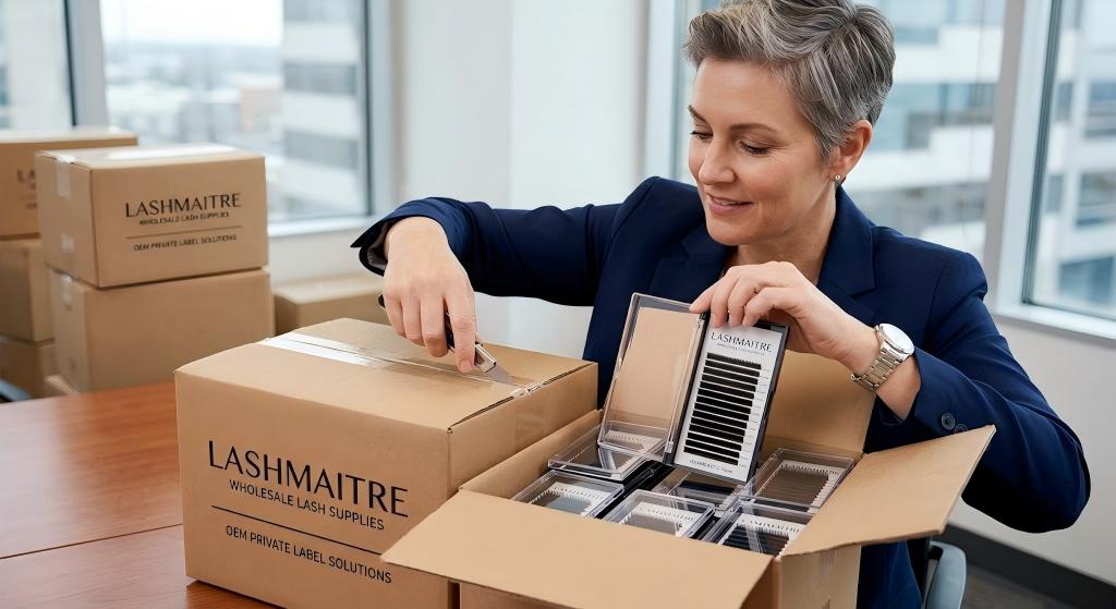 Procurement director unboxing premium OEM custom-branded wholesale shipping box revealing mathematically perfect foil-backed lash trays.